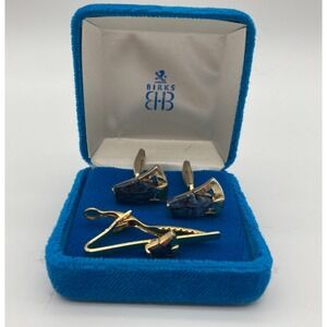 Vintage Birks Blue Marbled Gold Tone Cufflinks and Tie Bar Set in Original Box